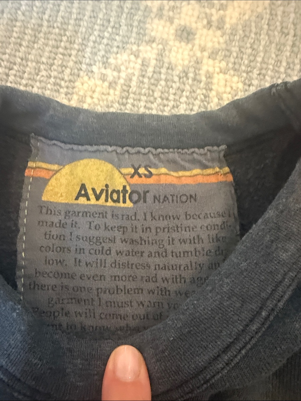 Aviator Nation Navy Sweatshirt with Yellow Smiley and Rainbow Sleeve Stripes - Picture 2 of 4